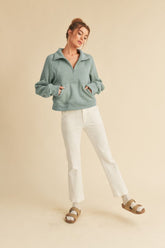 Half Zip Raglan Sleeve Sweatshirt with Kangaroo Pocket Aemi + Co